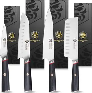 Kessaku 8-Inch Chef, 7-Inch Santoku, 6-Inch Nakiri, 4-Inch Paring - Spectre Series Knife Set - Forged High Carbon Japanese AUS-8 Stainless Steel - Pakkawood Handle with Blade Guards