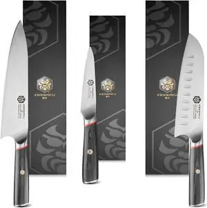 Kessaku 8-Inch Chef, 7-Inch Santoku, 4-Inch Paring - Spectre Series Knife Set - Forged High Carbon Japanese AUS-8 Stainless Steel - Pakkawood Handle with Blade Guards
