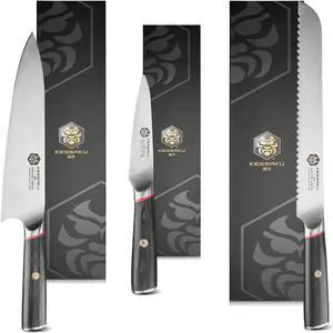 Kessaku 8-Inch Chef, 9-Inch Bread, 4-Inch Paring - Spectre Series Knife Set - Forged High Carbon Japanese AUS-8 Stainless Steel - Pakkawood Handle with Blade Guards