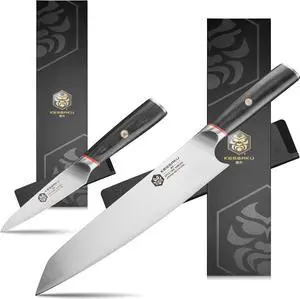 Kessaku 9.5-Inch Chef and 4-Inch Paring - Spectre Series Knife Set - Forged High Carbon Japanese AUS-8 Stainless Steel - Pakkawood Handle with Blade Guards