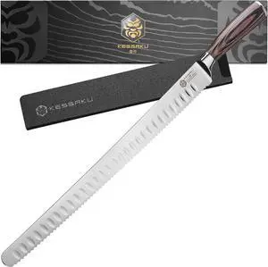 Kessaku Carving Knife - 14 inch - Samurai Series - Razor Sharp - Serrated Granton Edge - Forged 7Cr17MoV High Carbon Stainless Steel - Wood Handle with Blade Guard