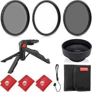 Circuit City 77MM Professional Digital Photography Filter Kit (UV, CPL, ND4) + Pouch + Rubber Lens Hood + Cap Keeper Leash + Pistol Grip Tabletop Tripod + 3 Microfiber Lens Cleaning Clothes