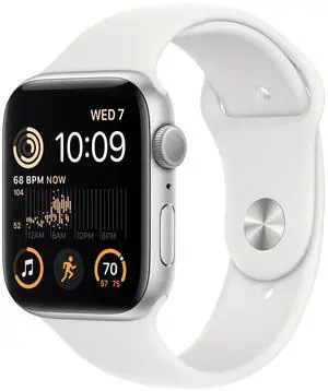 Apple Watch SE 2nd Gen GPS 44mm Silver Aluminum Case White Band, M/L