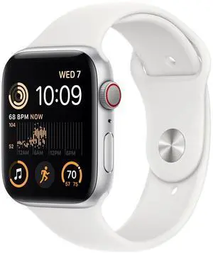 Apple Watch SE 2nd Gen GPS + Cell 44mm Silver Aluminum Case White Band, M/L