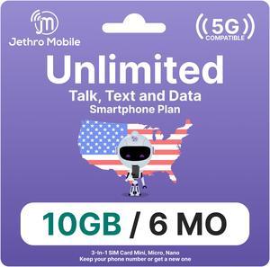 Jethro Mobile USA Prepaid Sim Card [6 Months] with Unlimited Talk & Text, 10GB High-Speed Data - Nano Micro Standard 3 in 1