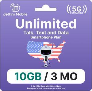 Jethro Mobile USA Prepaid Sim Card [3 Months] with Unlimited Talk & Text, 10GB High-Speed Data - Nano Micro Standard 3 in 1