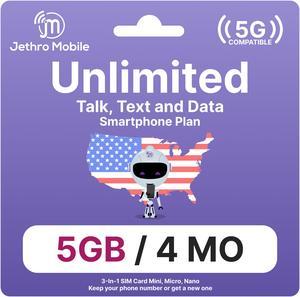 Jethro Mobile USA Prepaid Sim Card [4 Months], Unlimited Talk & Text, 5GB High-Speed Data) - Nano Micro Standard 3 in 1 Activation Kit