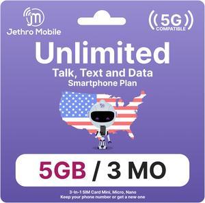 Jethro Mobile USA Prepaid Sim Card [3 Months] with Unlimited Talk & Text, 5GB High-Speed Data - Nano Micro Standard 3 in 1 Activation Kit