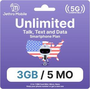 Jethro Mobile USA Prepaid Sim Card [5 Months] Unlimited Talk & Text, 3GB Data (5G/4G LTE Speed) - Nano Micro Standard 3 in 1