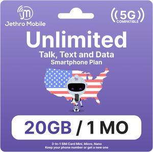 Jethro Mobile [30 Days] USA Prepaid Sim Card with Unlimited Talk & Text Data (20GB 5G/4G LTE) - Nano Micro Standard 3 in 1