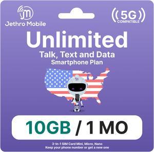 Jethro Mobile [30 Days] USA Prepaid Sim Card with Unlimited Talk & Text Data (10GB 5G/4G LTE) - Nano Micro Standard 3 in 1