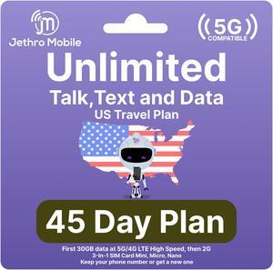 Jethro Mobile [45 Days] USA Prepaid Sim Card with Unlimited Talk & Text, Data - Nano Micro Standard 3 in 1 Activation Kit