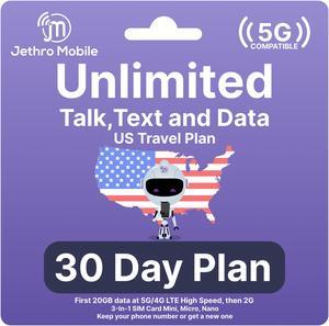 Jethro Mobile [30 Days] USA Prepaid Sim Card with Unlimited Talk & Text, Data - Nano Micro Standard 3 in 1 Activation Kit