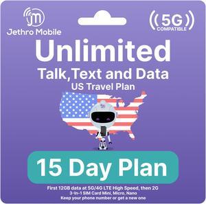 Jethro Mobile [15 Days] USA Prepaid Sim Card with Unlimited Talk & Text, Data - Nano Micro Standard 3 in 1 Activation Kit