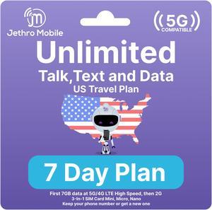 Jethro Mobile [7 Days] USA Prepaid Sim Card with Unlimited Talk & Text, Data - Nano Micro Standard 3 in 1 Activation Kit