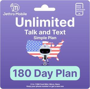 Jethro Mobile [180 Days] USA Prepaid Sim Card with Unlimited Talk & Text, no Data - Nano Micro Standard 3 in 1 Activation Kit