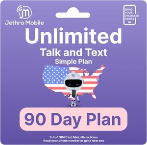 Jethro Mobile [90 Days] USA Prepaid Sim Card with Unlimited Talk & Text, no Data - Nano Micro Standard 3 in 1 Activation Kit