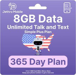 Jethro Mobile [365 Days] USA Prepaid Sim Card with Unlimited Talk & Text, 8GB Data - Nano Micro Standard 3 in 1 Activation Kit