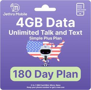 Jethro Mobile [180 Days] USA Prepaid Sim Card with Unlimited Talk & Text, 4GB Data - Nano Micro Standard 3 in 1 Activation Kit