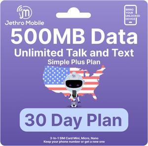 Jethro Mobile [30 Days] USA Prepaid Sim Card with Unlimited Talk & Text, 500MB Data - Nano Micro Standard 3 in 1 Activation Kit