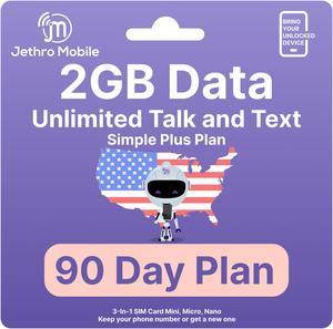 Jethro Mobile [90 Days] USA Prepaid Sim Card with Unlimited Talk & Text, 2GB Data - Nano Micro Standard 3 in 1 Activation Kit