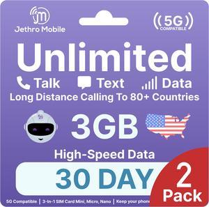 Jethro Mobile 3GB Smartphone Plan, Unlimited Talk & Text - 3o Days (2 Pack)