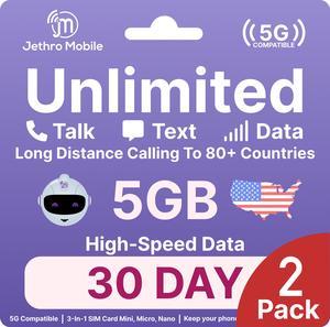 Jethro Mobile 5GB Smartphone Plan, Unlimited Talk & Text - 3o Days (2 Pack)