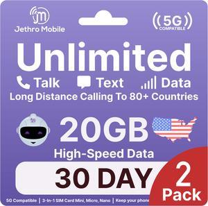 Jethro Mobile 20GB Smartphone Plan, Unlimited Talk & Text - 30 Days (2 Pack)