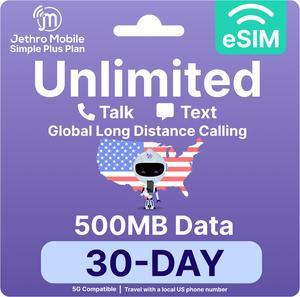 Jethro Mobile - eSIM USA for Canadian Travelers, Unlimited Talk, Text, 500MB High-Speed Data, Uses T-Mobile Network, 30 Days Service with Easy Activation & International Calling to Canada