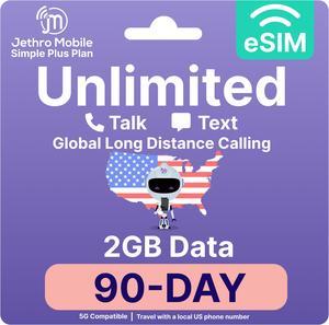 Jethro Mobile - eSIM USA for Canadian Travelers, Unlimited Talk, Text, 2GB High-Speed Data, Uses T-Mobile Network, 90 Days Service with Easy Activation & International Calling to Canada