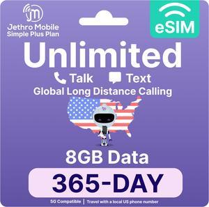 Jethro Mobile - eSIM USA for Canadian Travelers, Unlimited Talk, Text, 8GB High-Speed Data, Uses T-Mobile Network, 365 Days Service with Easy Activation & International Calling to Canada