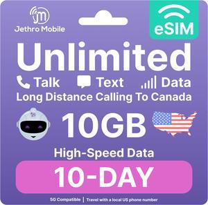 eSIM USA - 10 Days Unlimited Talk, Text, & Data, 10GB High-Speed Data, Easy Activation, International Calling to Canada, Mobile Hotspot, Uses T-Mobile, Jethro Mobile