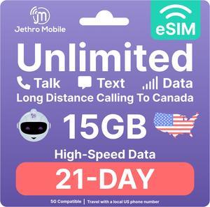 eSIM USA - 21 Days Unlimited Talk, Text, & Data, 15GB High-Speed Data, Easy Activation, International Calling to Canada, Mobile Hotspot, Uses T-Mobile, Jethro Mobile