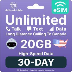 eSIM USA - 30 Days Unlimited Talk, Text, & Data, 20GB High-Speed Data, Easy Activation, International Calling to Canada, Mobile Hotspot, Uses T-Mobile, Jethro Mobile