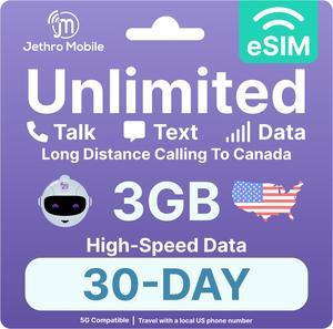 eSIM USA (30 Days), 3GB High-Speed Data, Unlimited Talk, Text, & Data, Mobile Hotspot, Phone Plan for Canadian Travelers to the US, International Calling to Canada Included, Jethro Mobile (1 Month)
