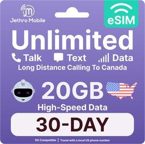 Jethro Mobile - eSIM USA (30 Days), 20GB High-Speed Data, Unlimited Talk, Text, & Data, Mobile Hotspot, Phone Plan for Canadian Travelers to the US, International Calling to Canada Included (1 Month)