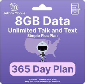 Jethro Mobile $160 Phone Plan for 365 Days - Unlimited Talk and Text and 8GB Data, Perfect for Senior Cell Phones and Smartphones, (SIM Card Kit Included)