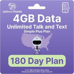 Jethro Mobile $85 Phone Plan for 180 Days - Unlimited Talk and Text and 4GB Data, Perfect for Senior Cell Phones and Smartphones, (SIM Card Kit Included)