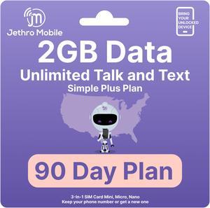 Jethro Mobile $45 Phone Plan for 90 Days - Unlimited Talk and Text and 2GB Data, Perfect for Senior Cell Phones and Smart Phones, (SIM Card Kit Included)