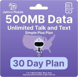 Jethro Mobile $16 Phone Plan for 30 Days - Unlimited Talk and Text and 500MB Data, Perfect for Senior Cell Phones and Smartphones, (SIM Card Kit Included)