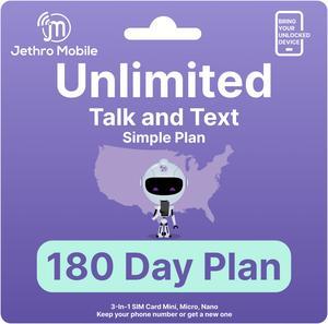 Jethro Mobile $50 Phone Plan for 180 Days - Unlimited Talk and Text and No Data, Perfect for Senior Cell Phones, (SIM Card Kit Included)