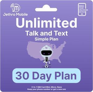 Jethro Mobile $10 Phone Plan for 30 Days - Unlimited Talk and Text and No Data, Perfect for Senior Cell Phones, (SIM Card Kit Included)
