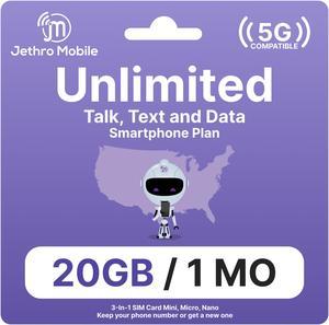 $45/Month Jethro Mobile Wireless Plan | 20GB of 5G/4G LTE Data + Unlimited Talk & Text for 30 Days (3-in-1 GSM SIM Card)