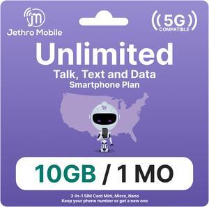 $35/Month Jethro Mobile Wireless Plan | 10GB of 5G/4G LTE + Unlimited Talk & Text for 30 Days (3-in-1 GSM SIM Card)