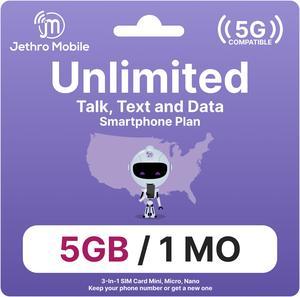 $25/Month Jethro Mobile Wireless Plan | 5GB of 5G/4G LTE Data + Unlimited Talk & Text for 30 Days (3-in-1 GSM SIM Card)