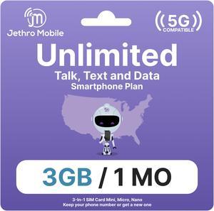 $20/Month Jethro Mobile Wireless Plan | 3GB of 5G/4G LTE Data + Unlimited Talk & Text for 30 Days (3-in-1 GSM SIM Card)