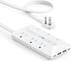 Flat Plug Power Strip 300J, Anker USB C Power Strip, 10-in-1 Ultra Thin Power Strip with 6 AC, 2 USB A and 2 USB C Ports,5ft Extension Cord, Desk Charging Station,Home Office College Dorm Room White