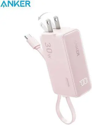 Anker Power Bank USB C Charger Block, 3-in-1 5,000mAh Portable Charger with Built-in USB-C Cable and Foldable AC Plug, 30W Max Compact Battery Pack, for iPhone 15 Series, Galaxy, MacBook, and More