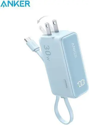 Anker Power Bank USB C Charger Block, 3-in-1 5,000mAh Portable Charger with Built-in USB-C Cable and Foldable AC Plug, 30W Max Compact Battery Pack, for iPhone 15 Series, Galaxy, MacBook, and More