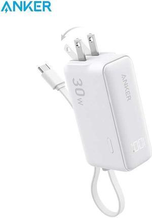 Anker Power Bank USB C Charger Block, 3-in-1 5,000mAh Portable Charger with Built-in USB-C Cable and Foldable AC Plug, 30W Max Compact Battery Pack, for iPhone 15 Series, Galaxy, MacBook, and More